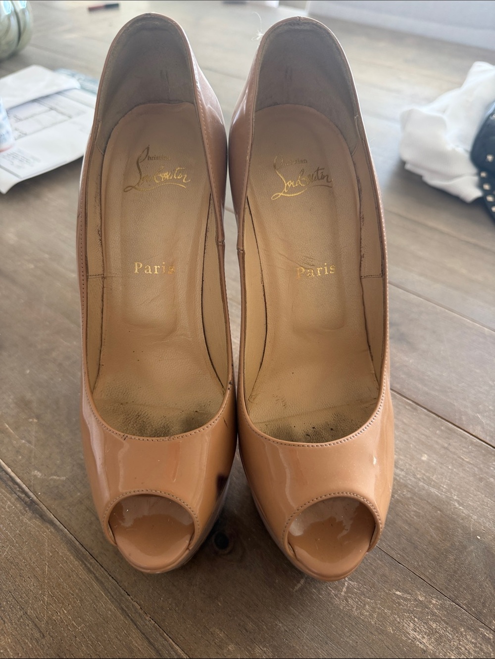 Christian Louboutin Nude Patent Peep-Toe Heels